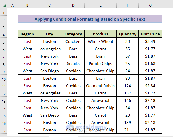 result of Conditional Formatting Text Color using equal to option