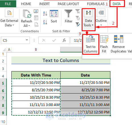Text to Columns Wizard to Get Date from Timestamp in Excel