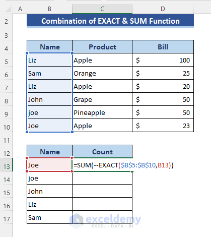 SUM + EXACT Functions to Count Duplicate Rows (Case-Sensitive Approach)
