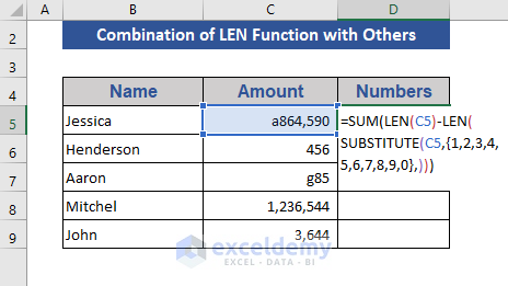 Count Only Numbers with SUM+LEN+SUBSTITUTE