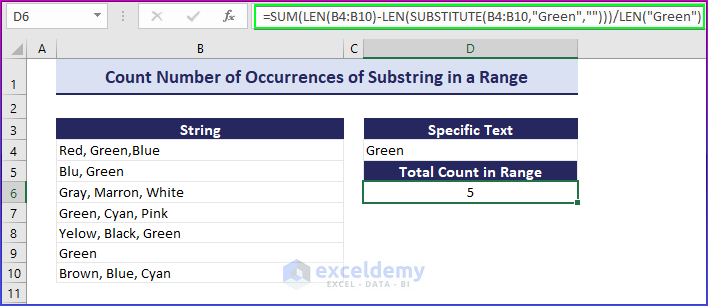 Count Number of Occurrences of Substring in a Range in Excel