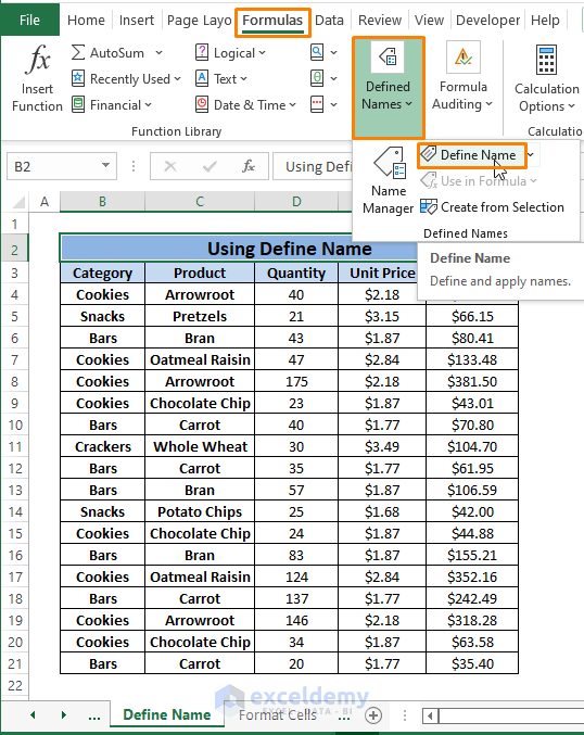 Define Name-How to Highlight Selected Cells in Excel