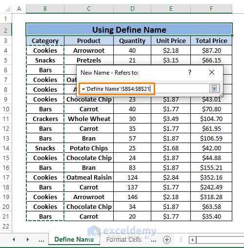 Define Name Range-How to Highlight Selected Cells in Excel