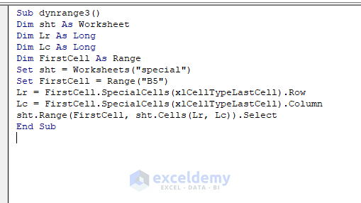 vba code for SpecialCells Property