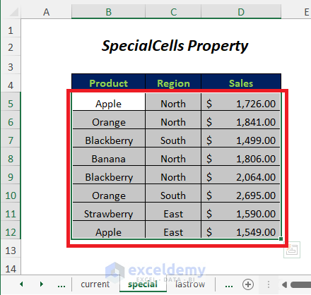 use of SpecialCells Property in dynamic range with vba