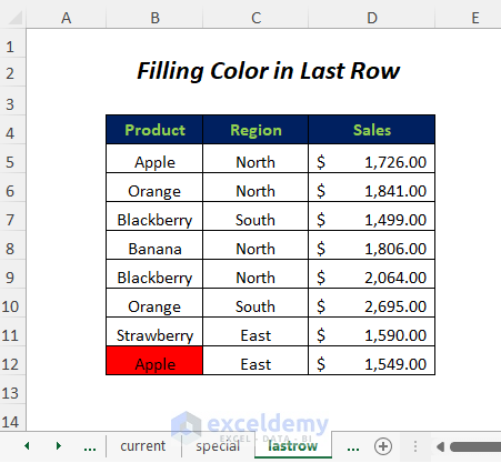 Filling Color in last row with vba output