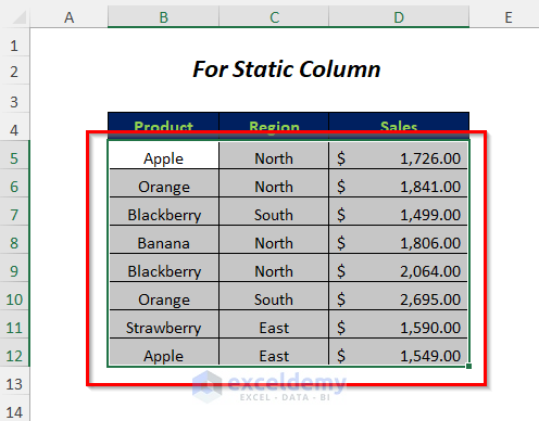 static column vba output result