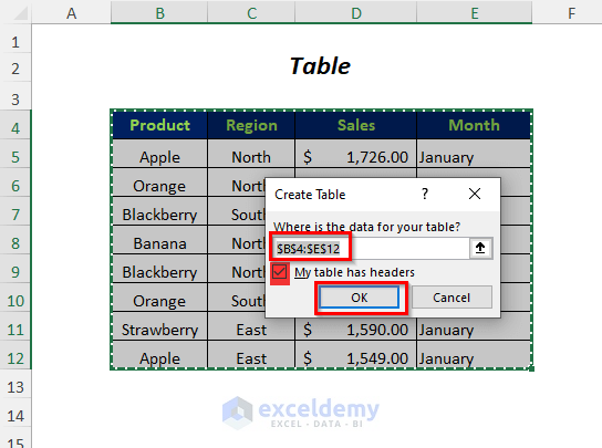create table dialog box input