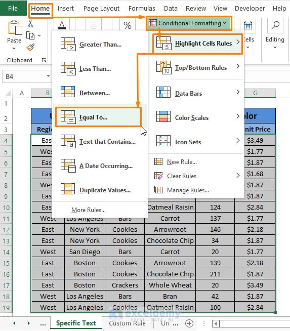 Equal to-Excel Conditional Formatting Text Color