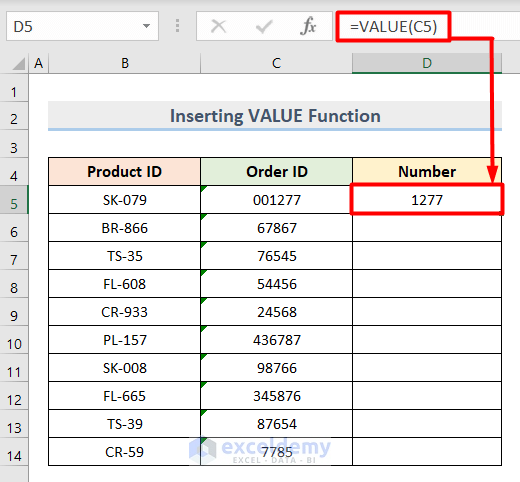 Inserting VALUE Function to Convert Text to Number in Excel