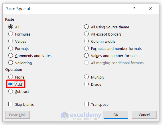 Selecting Operation in Paste Special Window