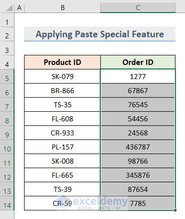 Output of Applying Paste Special Feature