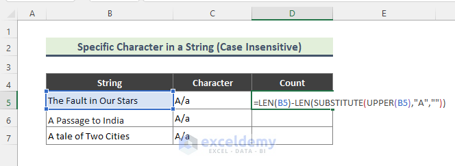 Use Combination of  SUBSTITUTE and LEN Functions to Calculate Occurrence of Specific Character in a String  in Excel (Case Insensitive)