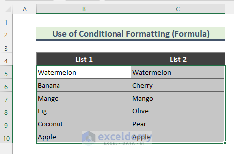 Get Matching Values in Two Columns Using Conditional Formatting (Arithmetic Formula)