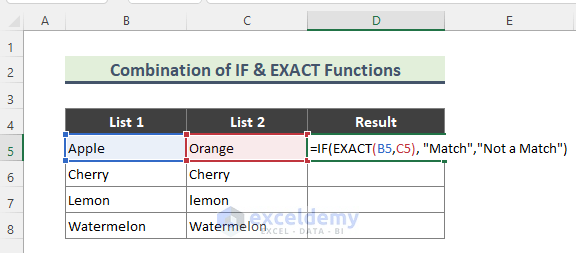 Combination of IF and EXACT functions to Get Matching Values in Two Columns(Case Sensitive)