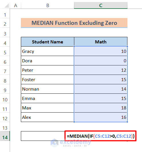 Find the Median Excluding Zero in a Data Range