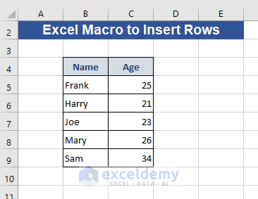 Data set for Excel Macro to insert rows