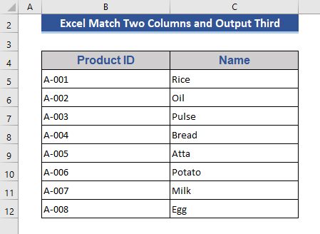 Data set for Match Two Columns and Output a Third in Excel