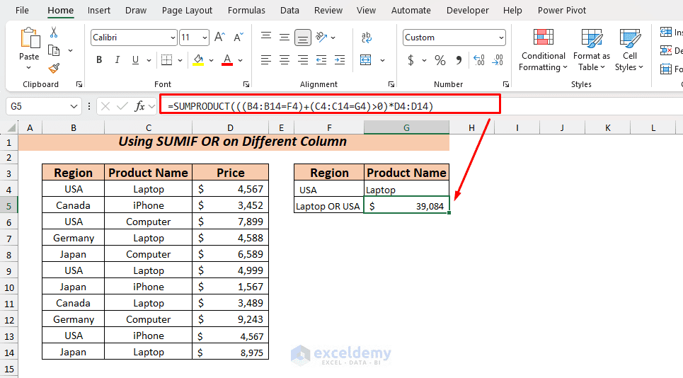 Excel SUMIF OR