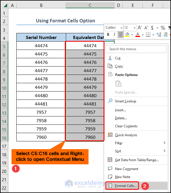 Choosing format cells option from contextual menu