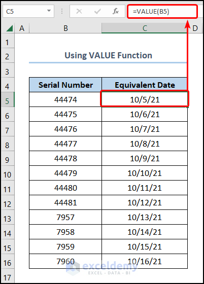 Excel serial number to date with VALUE function