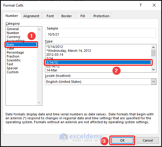 Selecting Date format in the format cells window