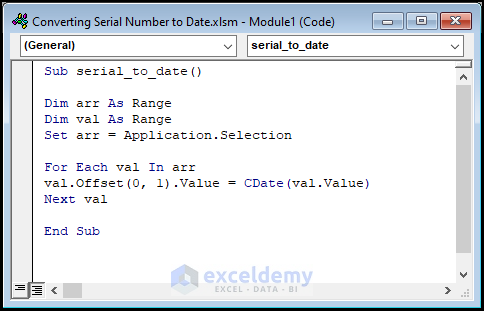 VBA code for excel serial number to date