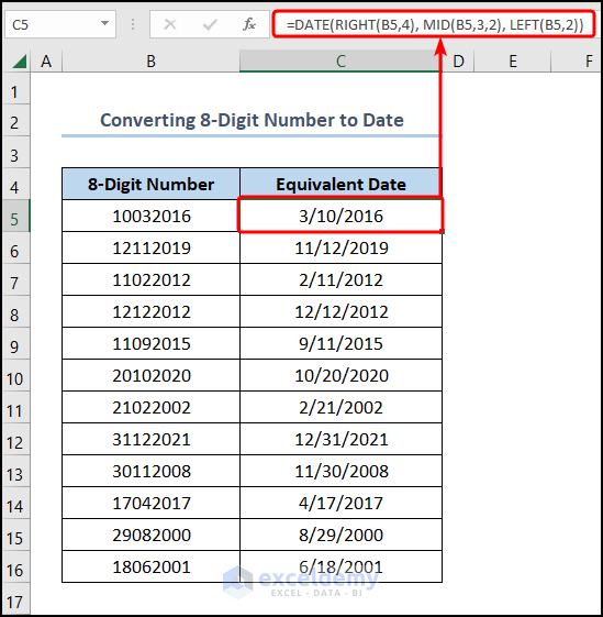 Excel serial number to date with DATE, LEFT, RIGHT, and MID functions