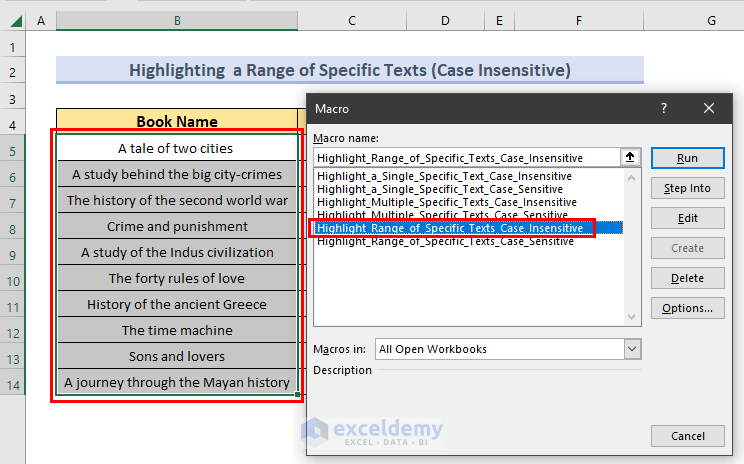 running macro to highlight text from list case insensitive