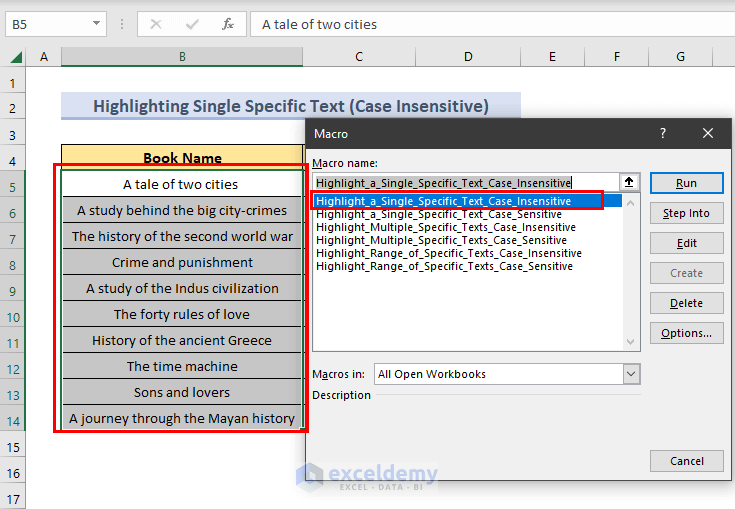 running code for highlighting single specific text case insensitive