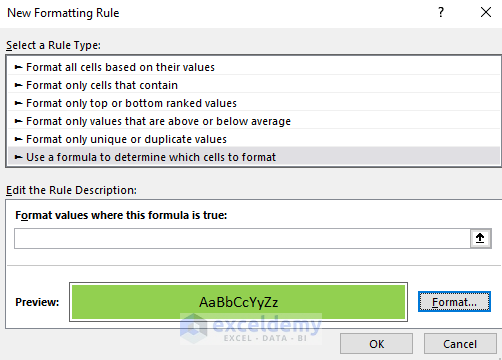 Preview Option of New Formatting Rule Window