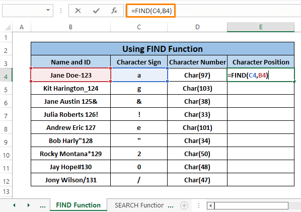 Find function-Find Character in String Excel