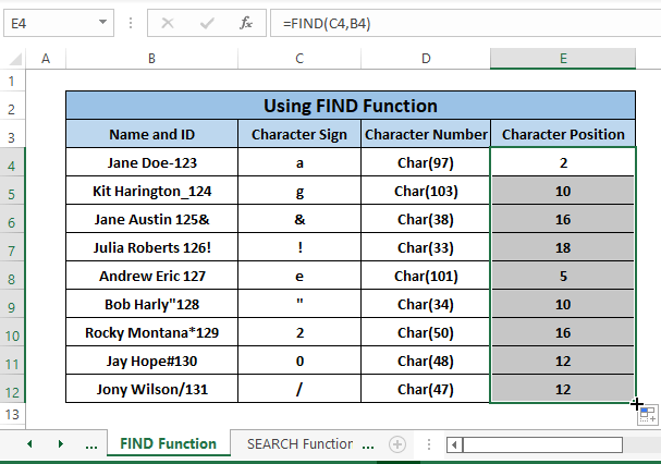Find function final result-Find Character in String Excel