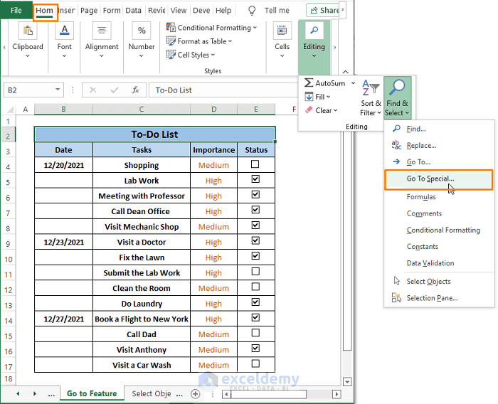 Go To Feature-Remove Checkboxes from Excel
