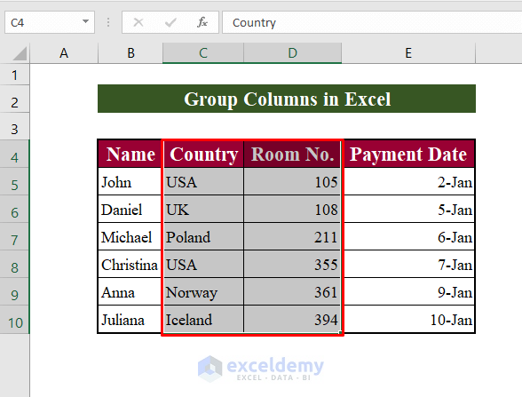 Group Columns in Excel