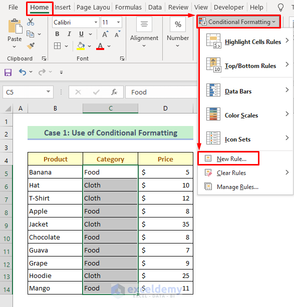 Excel Conditional Formatting to Highlight Cells Based on Text Value: Select New Rule