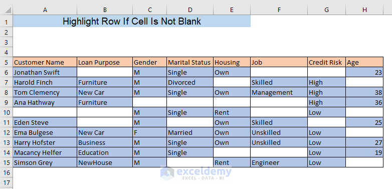 Highlight Row If Cell Is Not Blank
