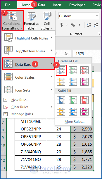 Utilizing Data Bars to Apply Conditional Formatting to the Selected Cells