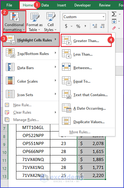 Using Highlight Cells Rules to Apply Conditional Formatting to the Selected Cells