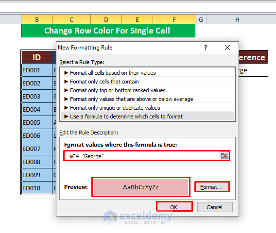 Change Row Color Based on a Text Value For Single Cell