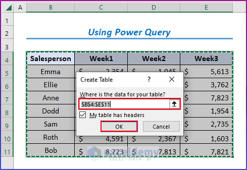 Creating Table in Excel