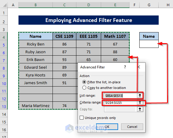 Advanced Filter dialog box entering list and criteria ranges 