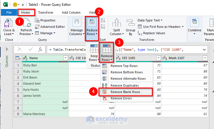 Remove Blank Rows in the Power Query Editor
