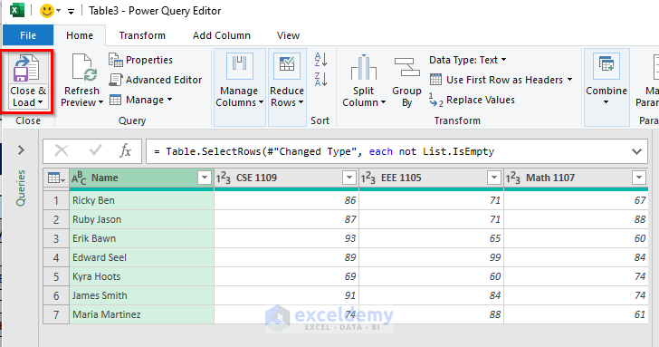 Load the Power Query data to Excel worksheet