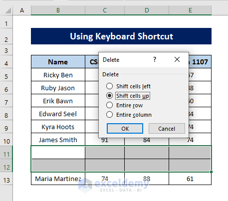 Selecting shift cells up option while deleting cells