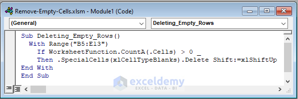 Apply VBA code to delete empty cells in a range in Excel
