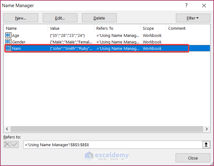 Edit Name in Name Manager