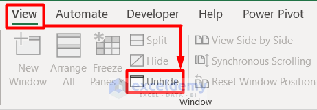 Selecting Unhide Command from View Tab