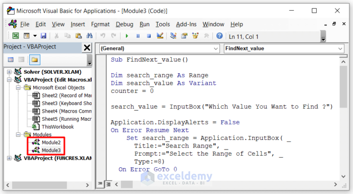 Choosing Module to Edit Macro in Excel