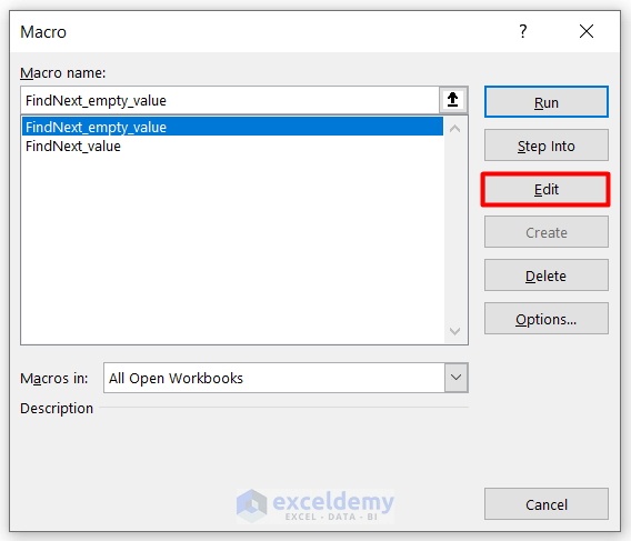 Choosing Edit Option in Macro Window